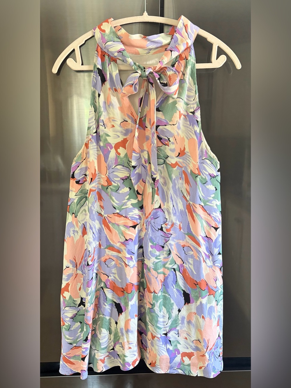 Lulu’s “Tied to You” Floral Tie Neck Halter Summer Party Mini Swing Dress Sz L - Picture 3 of 6